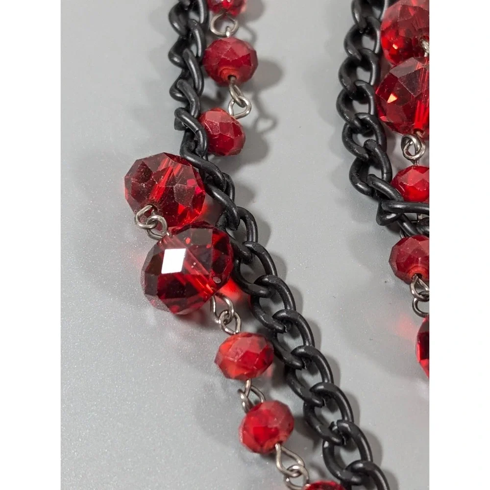 Black Metallic‎ Double Chain Long Layer Red Glass Bead Necklace Gothic 40